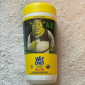 Shrek 4D movie ; citrus scent Wet Ones wipes empty container; Disney design;